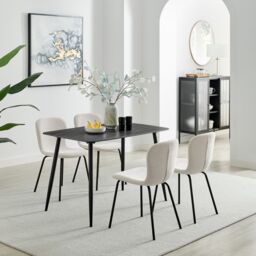 FurnitureboxUK Asti Grey Marble Ceramic Top Dining Table & 4 Black Asti Chairs in Cream - Size: 4 Person