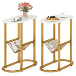 Costway 2PCS Narrow Side Table Modern Faux Marble End Table w/Magazine Holder in White - thumbnail 1