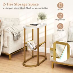 Costway 2PCS Narrow Side Table Modern Faux Marble End Table w/Magazine Holder in White - thumbnail 2