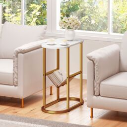 Costway 2PCS Narrow Side Table Modern Faux Marble End Table w/Magazine Holder in White - thumbnail 5