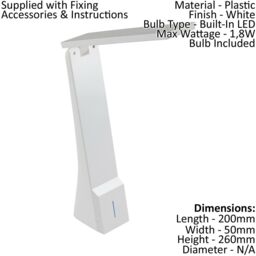 Loops Table Lamp Colour White Integral Rechargeable Battery Bulb LED 1.8W Included - thumbnail 2