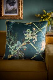 Laurence Llewelyn-Bowen 'Cotswold Fantasia Dawn' Floral Print Velvet Large Filled Cushion in Green - Size: 55 cm x 55 cm