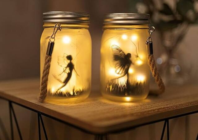 Marco Paul Pack of Two Solar Powered Hanging Fairy Frosted Glass Jar Lantern in Clear - image 1