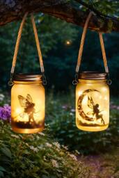 Marco Paul Pack of Two Solar Powered Hanging Fairy Frosted Glass Jar Lantern in Clear - thumbnail 7