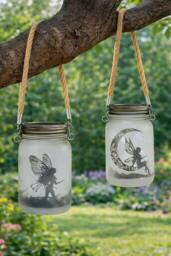 Marco Paul Pack of Two Solar Powered Hanging Fairy Frosted Glass Jar Lantern in Clear - thumbnail 9