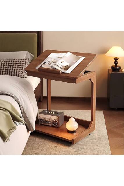Living and Home C-Shaped Side Table with Wheels and Hidden Storage in Walnut - image 1