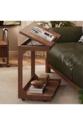 Living and Home C-Shaped Side Table with Wheels and Hidden Storage in Walnut - thumbnail 5