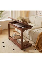 Living and Home C-Shaped Side Table with Wheels and Hidden Storage in Walnut - thumbnail 3