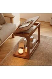 Living and Home C-Shaped Side Table with Wheels and Hidden Storage in Walnut - thumbnail 4