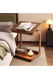 Living and Home C-Shaped Side Table with Wheels and Hidden Storage in Walnut - thumbnail 1