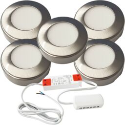 Loops 5x BRUSHED NICKEL Round Surface or Flush Under Cabinet Kitchen Light & Driver Kit - Natural White LED in Metallics