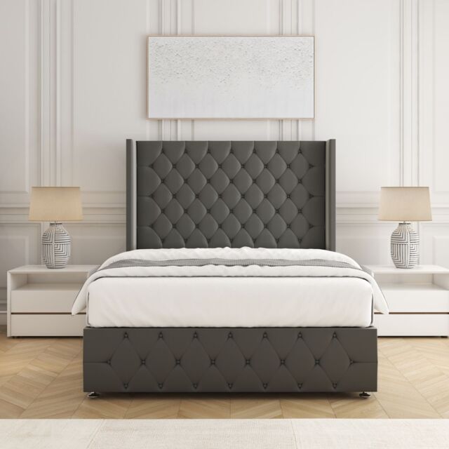 "BSSPOKE Ruby Divan Bed Set Plush Velvet 54"" Headboard & Mattress No Drawers in Grey - Size: Super King" - image 1