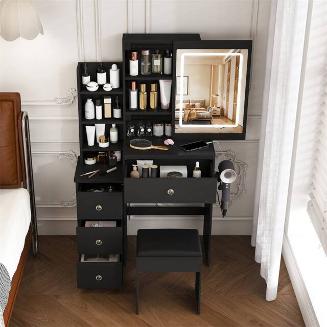 Direct Wicker Modern LED Vanity Desk with 4 Drawers, Power Socket & Dressing Chair in Black - Size: 1 Pack - image 1