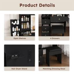 Direct Wicker Modern LED Vanity Desk with 4 Drawers, Power Socket & Dressing Chair in Black - Size: 1 Pack - thumbnail 5
