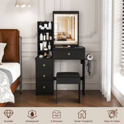 Direct Wicker Modern LED Vanity Desk with 4 Drawers, Power Socket & Dressing Chair in Black - Size: 1 Pack - thumbnail 6