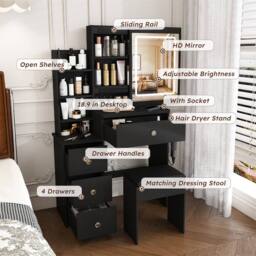 Direct Wicker Modern LED Vanity Desk with 4 Drawers, Power Socket & Dressing Chair in Black - Size: 1 Pack - thumbnail 3