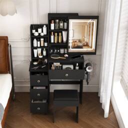 Direct Wicker Modern LED Vanity Desk with 4 Drawers, Power Socket & Dressing Chair in Black - Size: 1 Pack - thumbnail 1