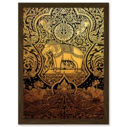 Artery8 Painting Ornate Abstract Thailand Elephant Black Gold Artwork Framed Wall Art Print A4 in Brown - thumbnail 1