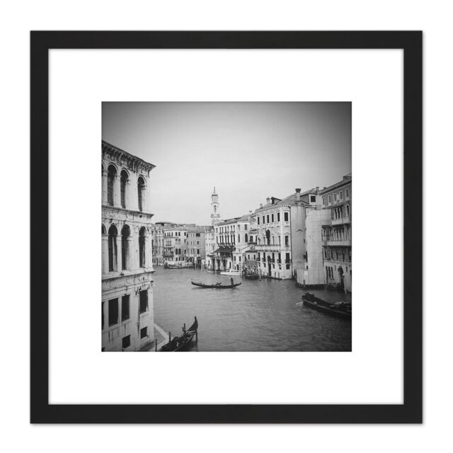 Artery8 Venice Canal Gondola Black White Photo 8X8 Inch Square Wooden Framed Wall Art Print Picture with Mount - image 1
