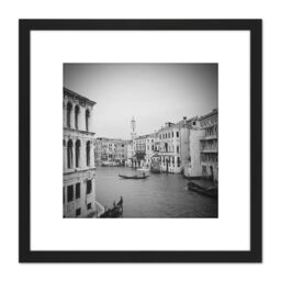 Artery8 Venice Canal Gondola Black White Photo 8X8 Inch Square Wooden Framed Wall Art Print Picture with Mount - thumbnail 1