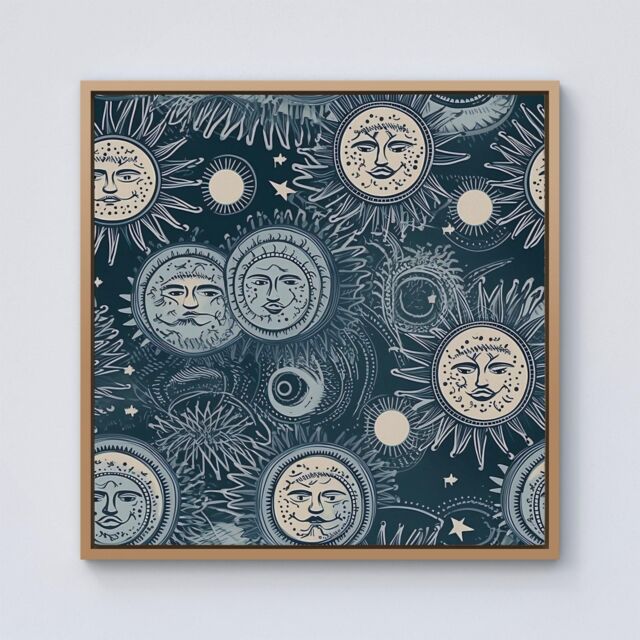 Warren Reed - Designer Silver Blue Moon & Stars Framed Canvas in Light Brown - Size: w40 inch x h40 inch - image 1