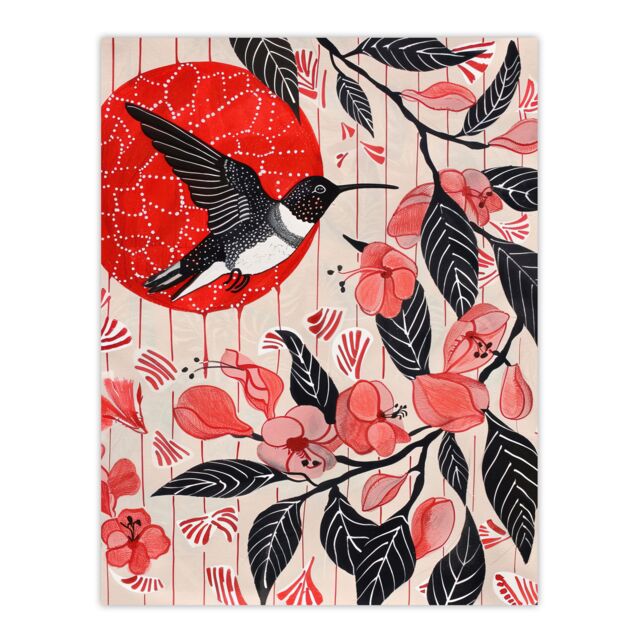 "Artery8 Hummingbird & Cherry Blossoms Folk Art Painting Wall Art Print in Red - Size: W24"" x H32""" - image 1