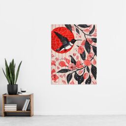 "Artery8 Hummingbird & Cherry Blossoms Folk Art Painting Wall Art Print in Red - Size: W24"" x H32""" - thumbnail 4