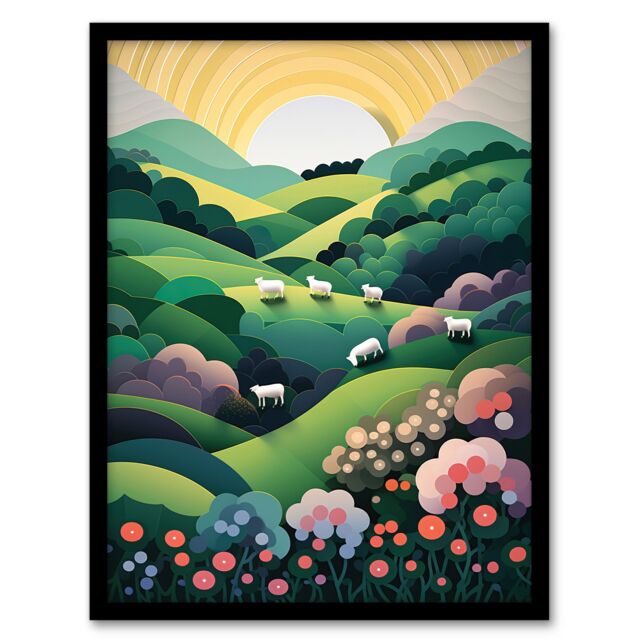 Artery8 Valley Of The Sheep Modern Digital Aesthetic Sunrise English Countryside Simple Flat Art Print Framed Poster Wall Decor 12x16 inch - image 1