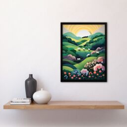 Artery8 Valley Of The Sheep Modern Digital Aesthetic Sunrise English Countryside Simple Flat Art Print Framed Poster Wall Decor 12x16 inch - thumbnail 4