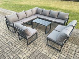 Fimous Aluminium 10 Seater Patio Outdoor Garden Furniture Lounge Corner Sofa Set with Oblong Coffee Table Dark Grey - thumbnail 2