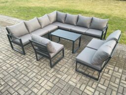 Fimous Aluminium 10 Seater Patio Outdoor Garden Furniture Lounge Corner Sofa Set with Oblong Coffee Table Dark Grey - thumbnail 1