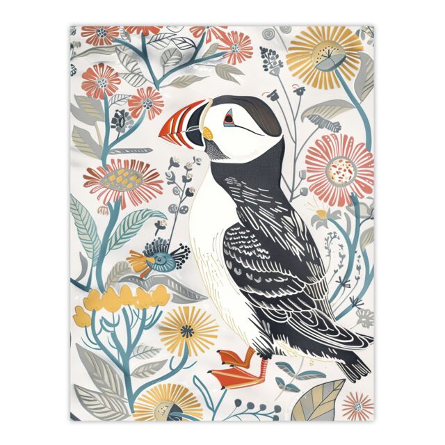 "Artery8 Cute Puffin Bird & Floral Pattern Design Wall Art Print in White - Size: W24"" x H32""" - image 1