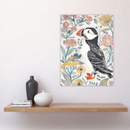 "Artery8 Cute Puffin Bird & Floral Pattern Design Wall Art Print in White - Size: W24"" x H32""" - thumbnail 4