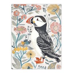 "Artery8 Cute Puffin Bird & Floral Pattern Design Wall Art Print in White - Size: W24"" x H32""" - thumbnail 1