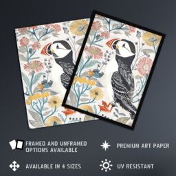 "Artery8 Cute Puffin Bird & Floral Pattern Design Wall Art Print in White - Size: W24"" x H32""" - thumbnail 2