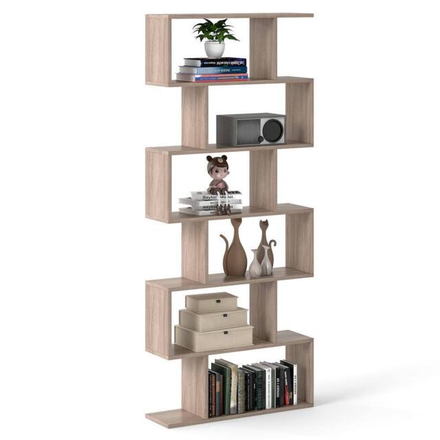 Costway 6-tier Bookcase S-Shaped Bookshelf Wooden Storage Display Rack in Light Oak - image 1