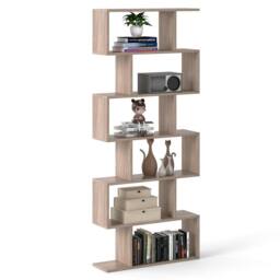 Costway 6-tier Bookcase S-Shaped Bookshelf Wooden Storage Display Rack in Light Oak
