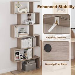 Costway 6-tier Bookcase S-Shaped Bookshelf Wooden Storage Display Rack in Light Oak - thumbnail 8