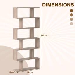 Costway 6-tier Bookcase S-Shaped Bookshelf Wooden Storage Display Rack in Light Oak - thumbnail 2