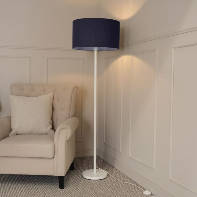 ValueLights Charlie White Single Stem Floor Lamp with Fabric Drum Lamp Shade & LED Bulb in Navy - image 1