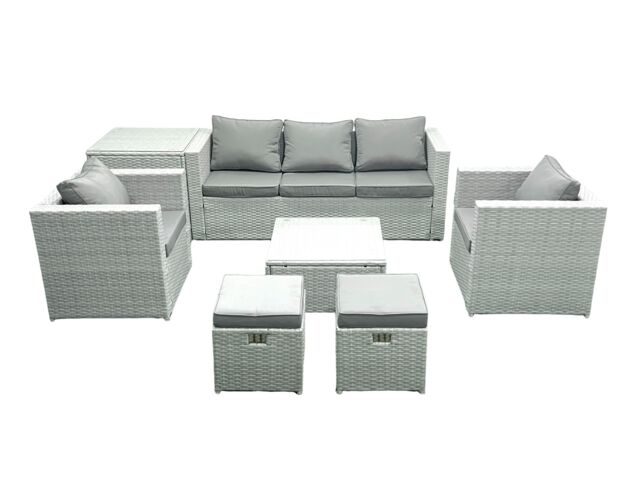 Fimous 7 Seater Rattan Garden Furniture Set with 3 Seater Sofa 2 Chair Square Coffee Table 2 Small Footstools Side Table Light Grey Mixed - image 1