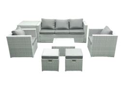 Fimous 7 Seater Rattan Garden Furniture Set with 3 Seater Sofa 2 Chair Square Coffee Table 2 Small Footstools Side Table Light Grey Mixed - thumbnail 2