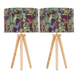First Choice Lighting Set of 2 Light Oak Table Lamp Bedside Lights with Safari Velvet Shades in Brown