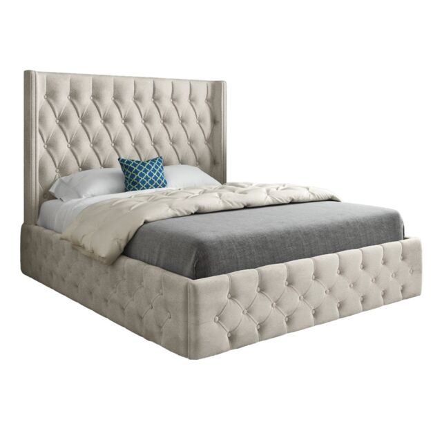 KDMD Wayno Straight Winged Upholstered Soft Velvet Designer Bed Frame in Cream - Size: Double - image 1