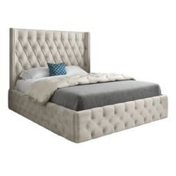 KDMD Wayno Straight Winged Upholstered Soft Velvet Designer Bed Frame in Cream - Size: Double - thumbnail 1