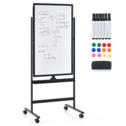 Costway Double-Sided Magnetic Rolling Erase Board Mobile Whiteboard W/ Marker in Black - thumbnail 1