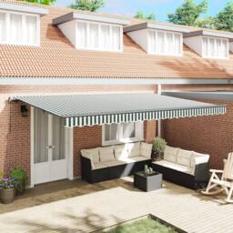 Berkfield Home Manual Retractable Awning Green & White 500x350 cm - thumbnail 1
