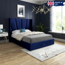 KDMD Cocoon Wide Curved Winged Upholstered Soft Velvet Designer Bed Frame in Blue - Size: Double - thumbnail 2