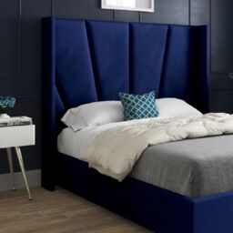 KDMD Cocoon Wide Curved Winged Upholstered Soft Velvet Designer Bed Frame in Blue - Size: Double - thumbnail 4