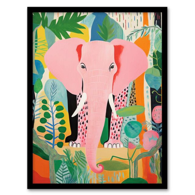 "Wee Blue Coo Wall Art Print Pink Elephant Jungle Animal Fun Multi Living Room Framed - Size: W12"" x H16""" - image 1